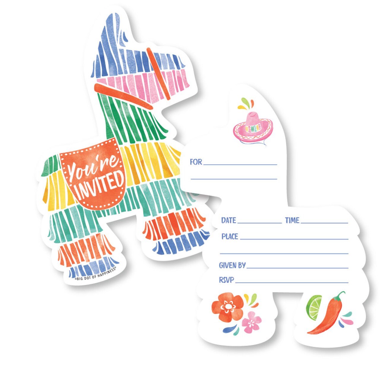 Big Dot of Happiness Fiesta Invitations with Envelopes, You're Invited Pinata-Shaped Mexican Themed Party Fill-In Invitation Flat Cards - Set of 12